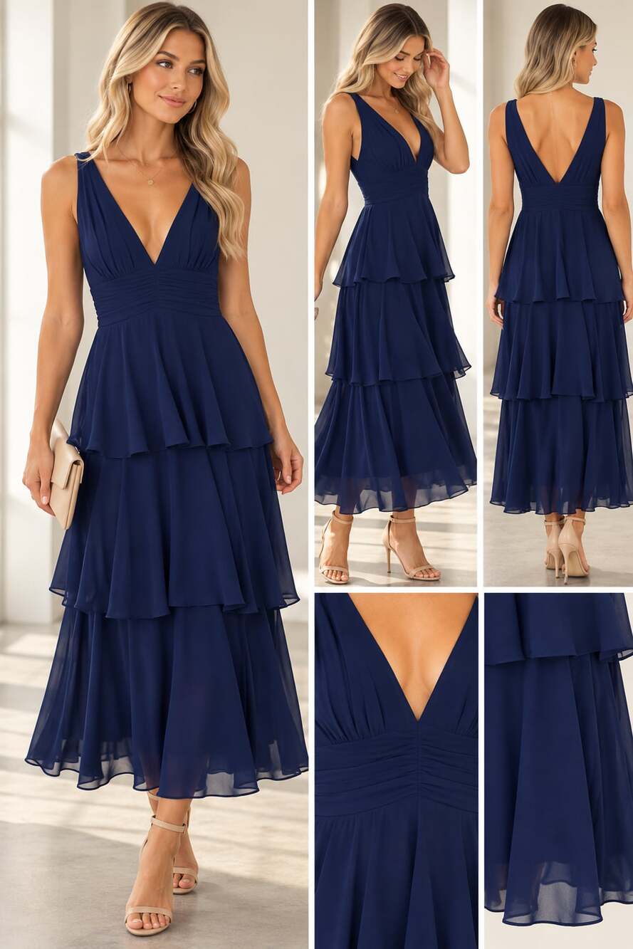 Lulus Navy Blue Tiered Maxi Dress Size XS V-Neck Chiffon Ruffle Slit new without